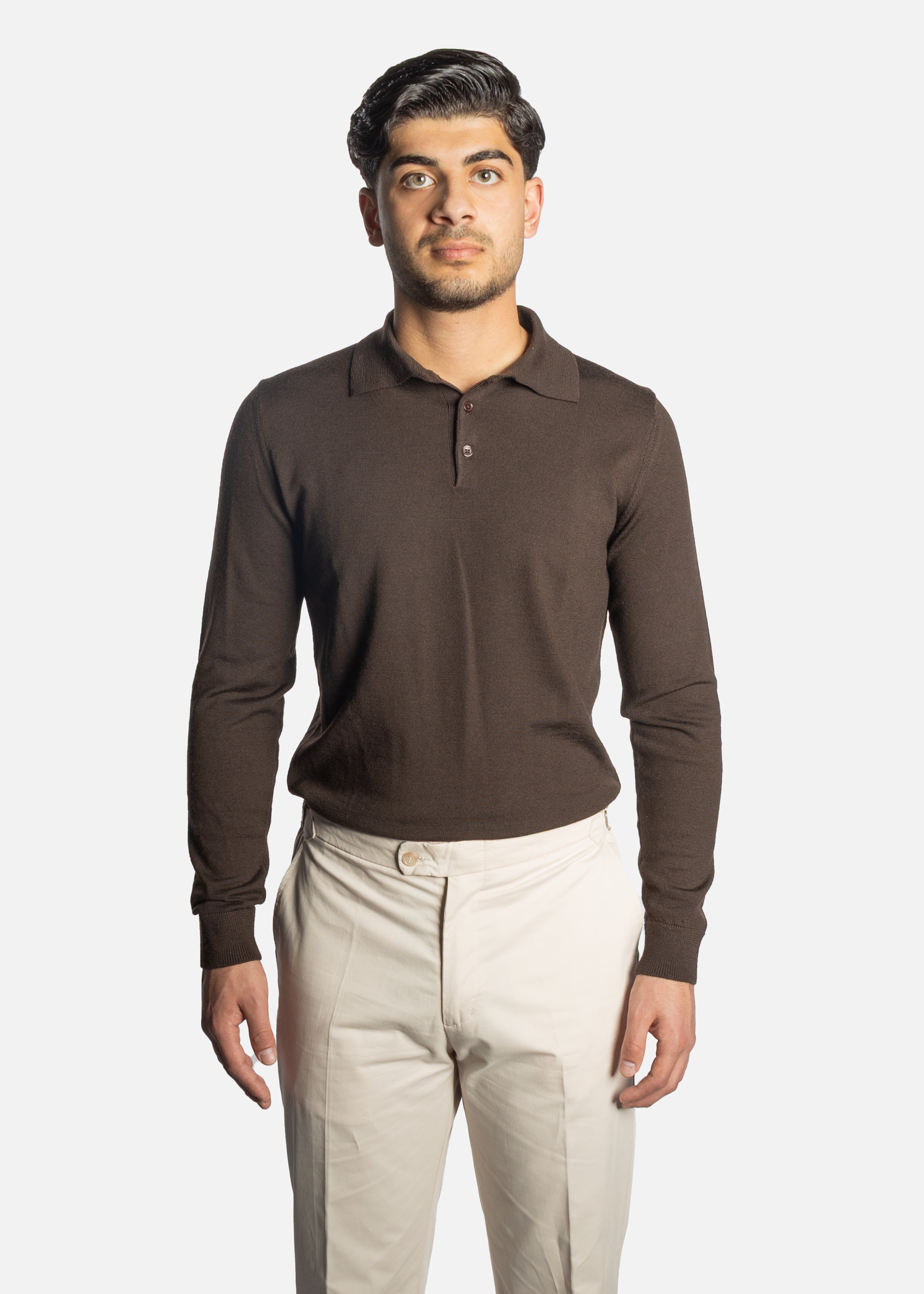 Brown Merino Long Sleeve Polo