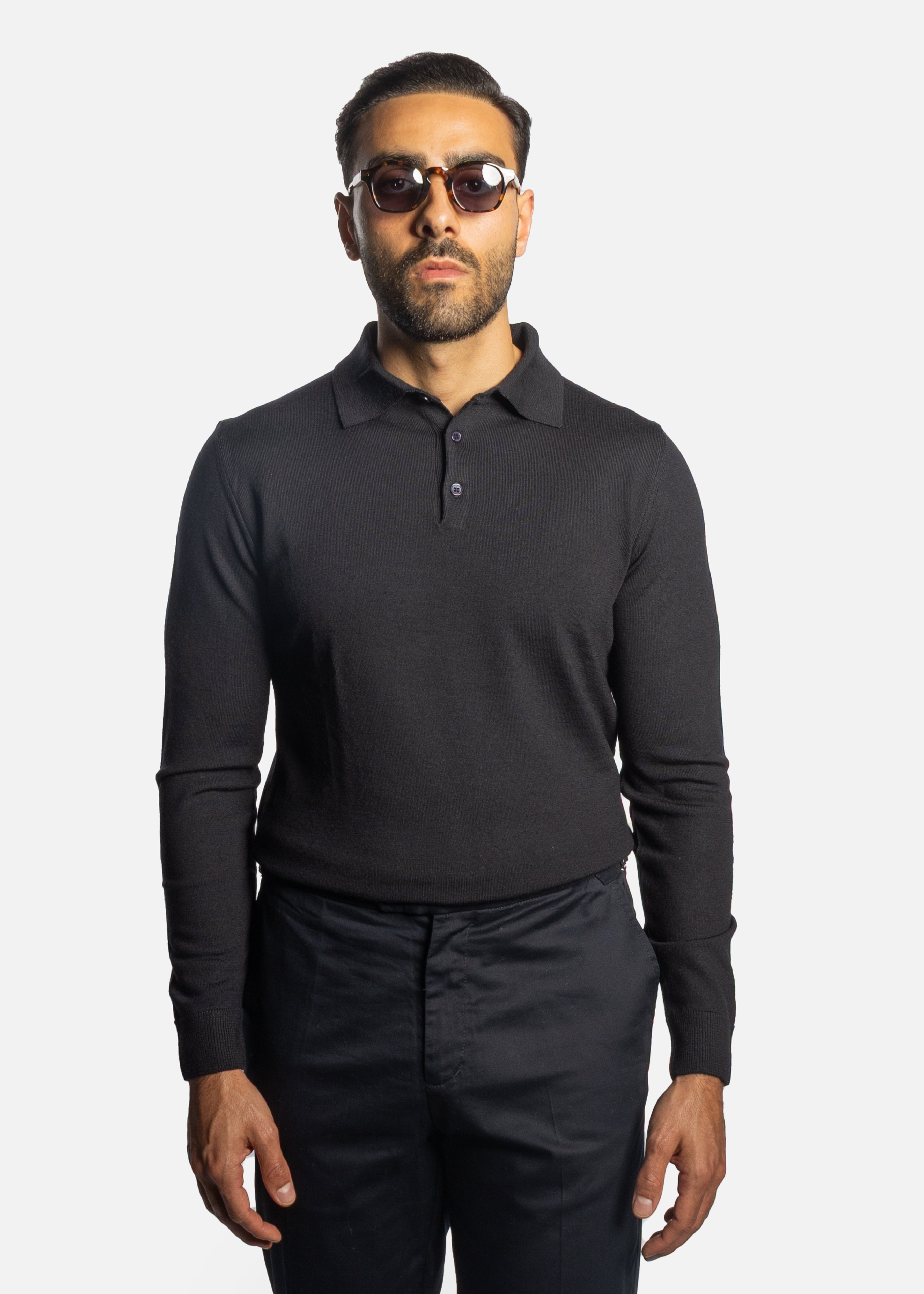 Navy Merino Long sleeve polo