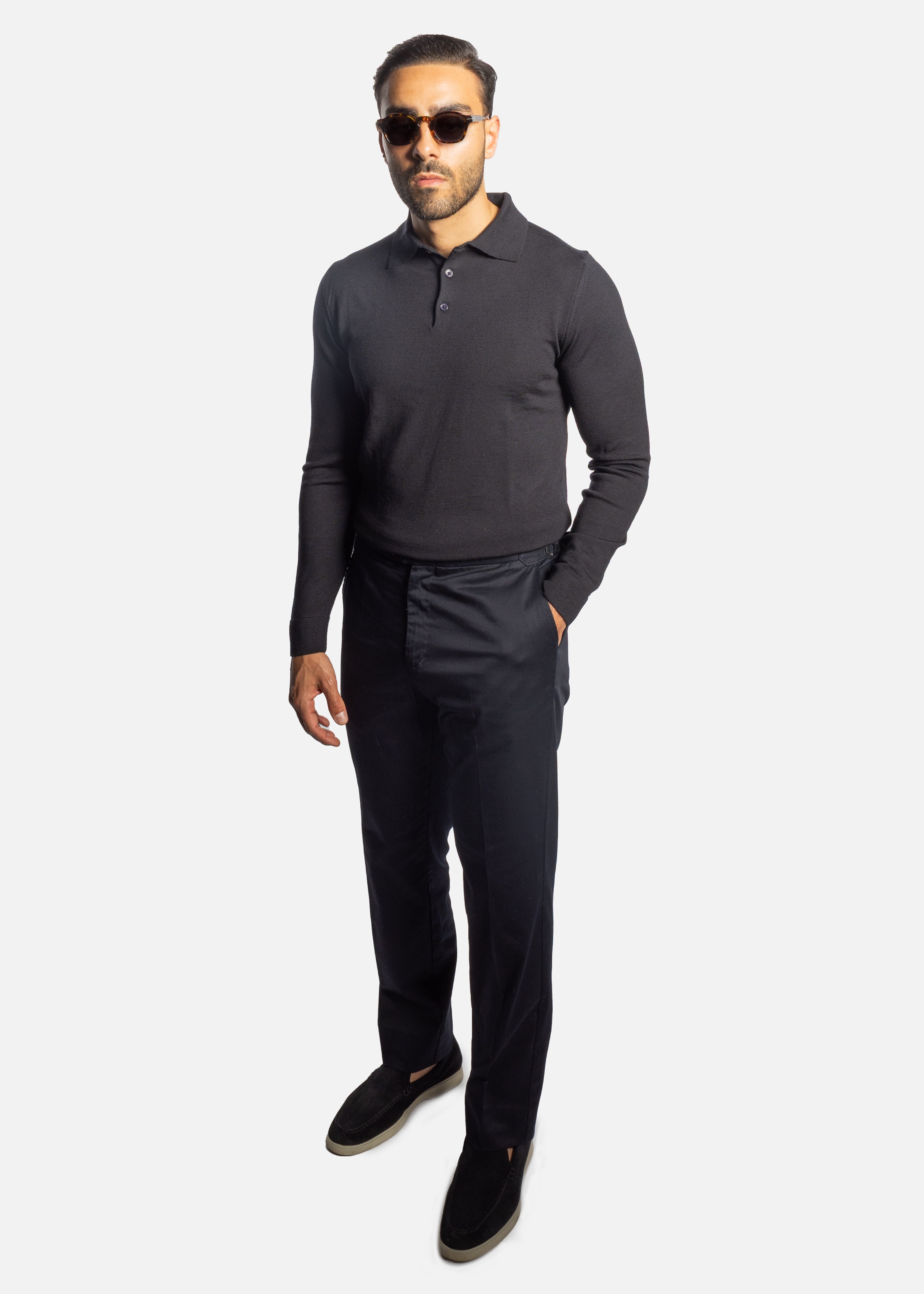 Navy Merino Long sleeve polo