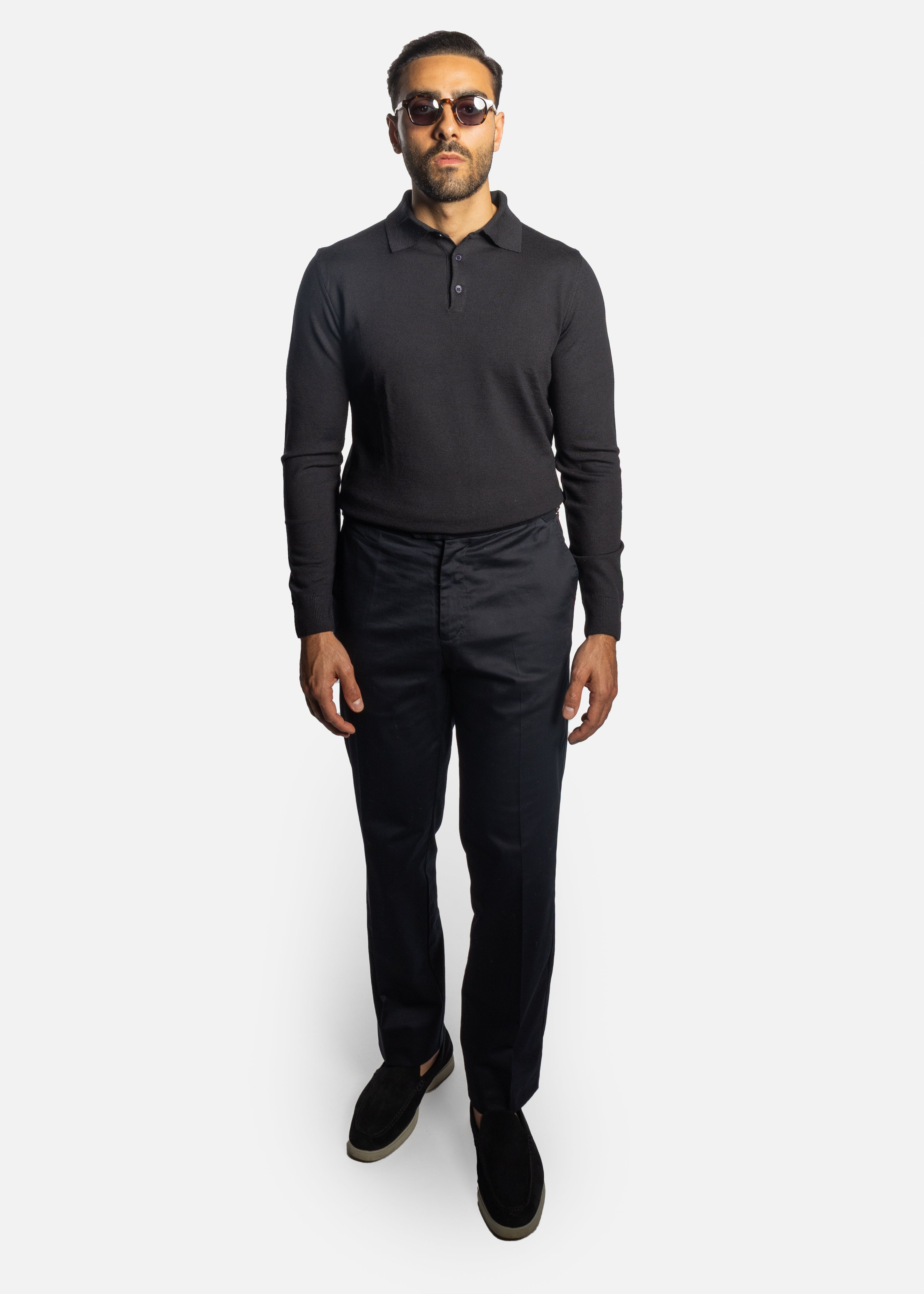 Navy Merino Long sleeve polo