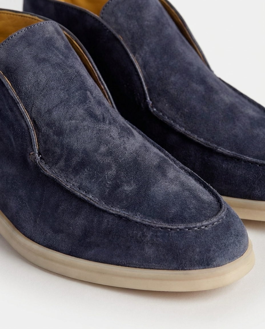 Light Navy High Steppers - detail moc-toe stiksel en suède