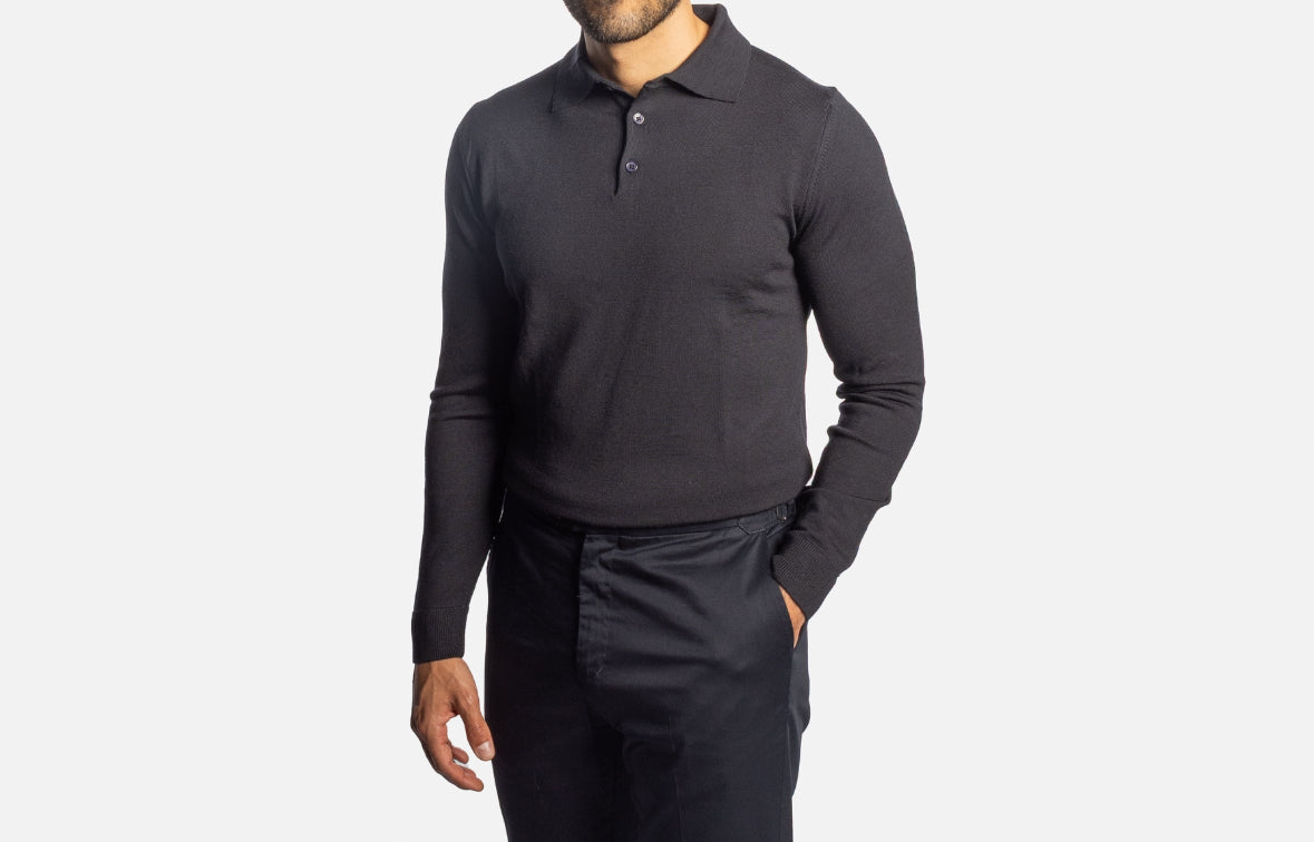 Navy Merino Long sleeve polo